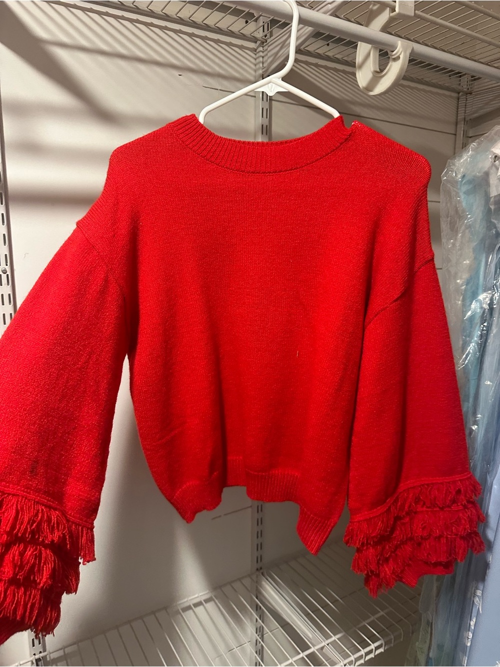 Women's Red Fringe Sleeve Crewneck Sweater